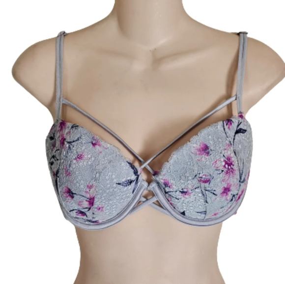 Pink Victoria's Secret Gray Floral Print Date Push Up Bra Size Women's 34C - Picture 1 of 7